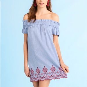Off The Shoulder Embroidered Oxford Dress